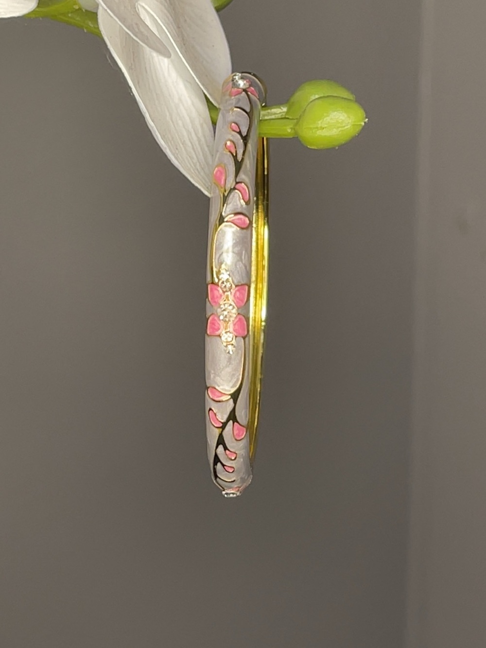 Gold-Tone Enamel Bracelet with Pink Floral Accents